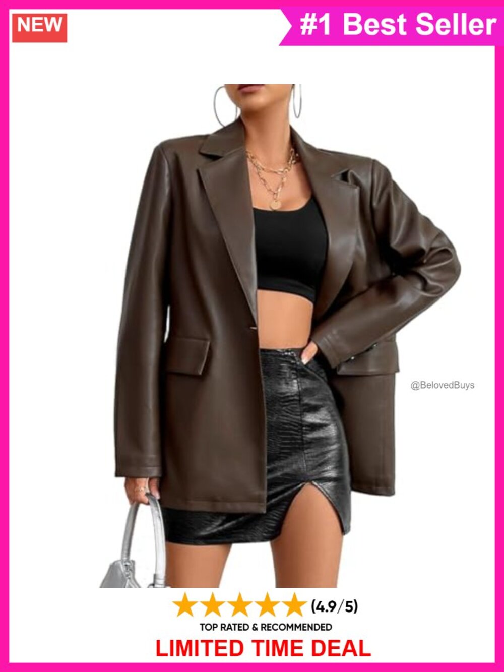 Faux Leather Blazer Jacket Moto Biker Coat Long Sleeve Button Notch Lapel